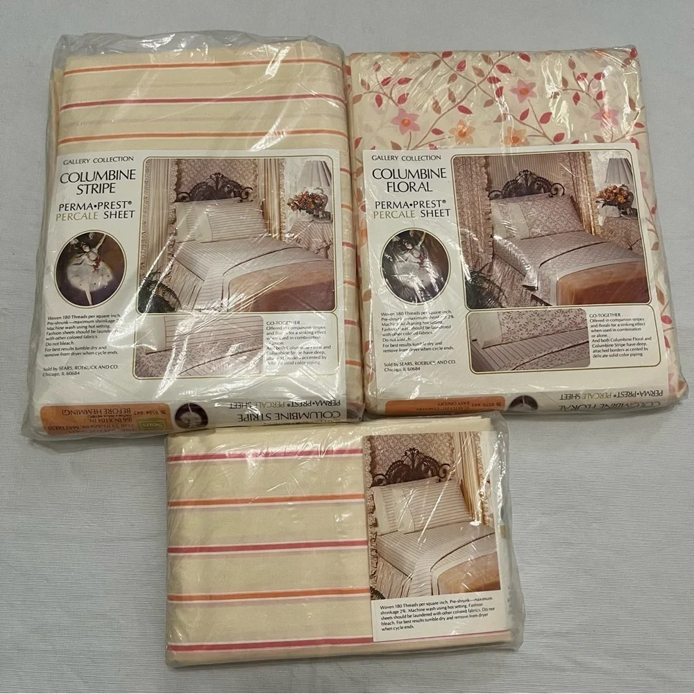 Vintage Twin Sheets Set Columbine Stripe Floral